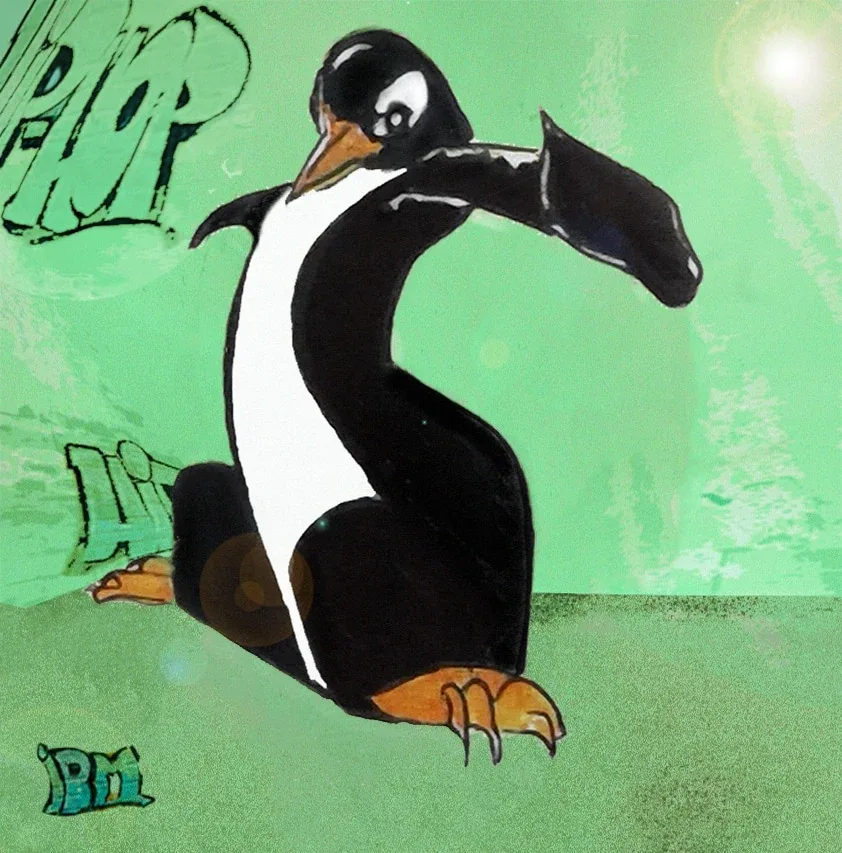 Pingouins hip-hop — œuvre d'Isabelle Besson-Mellah.