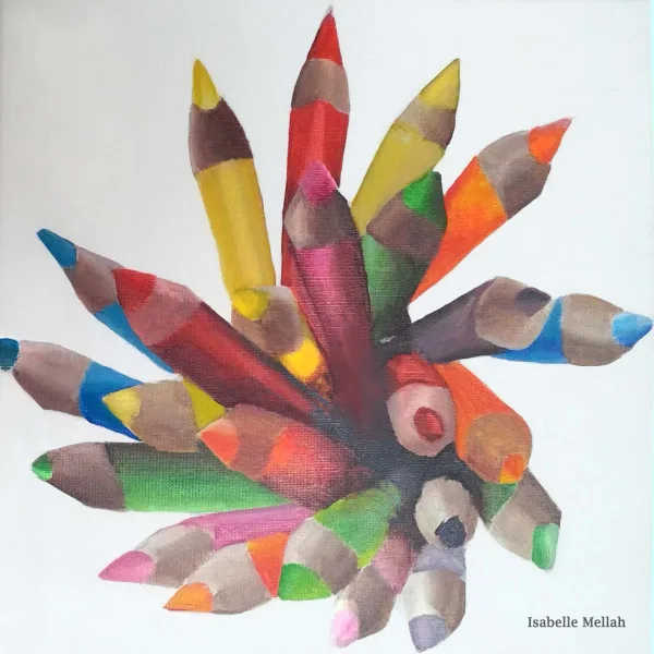 Atelier adulte : un pot de crayons observé puis dessiné, sur la table de travail.
