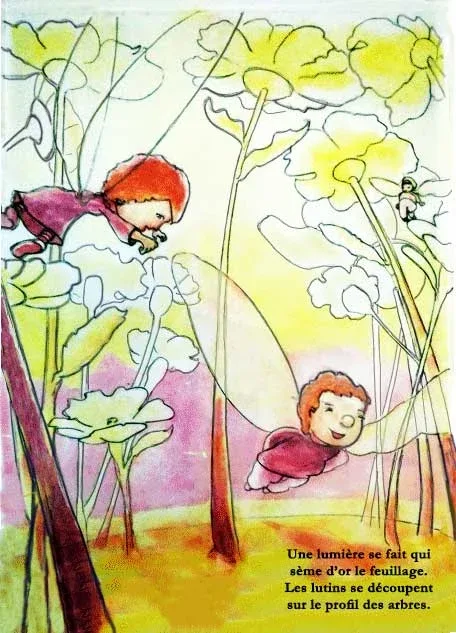 Couple de lutins en vol — recherche graphique d'Isabelle Besson-Mellah, monde imaginaire.