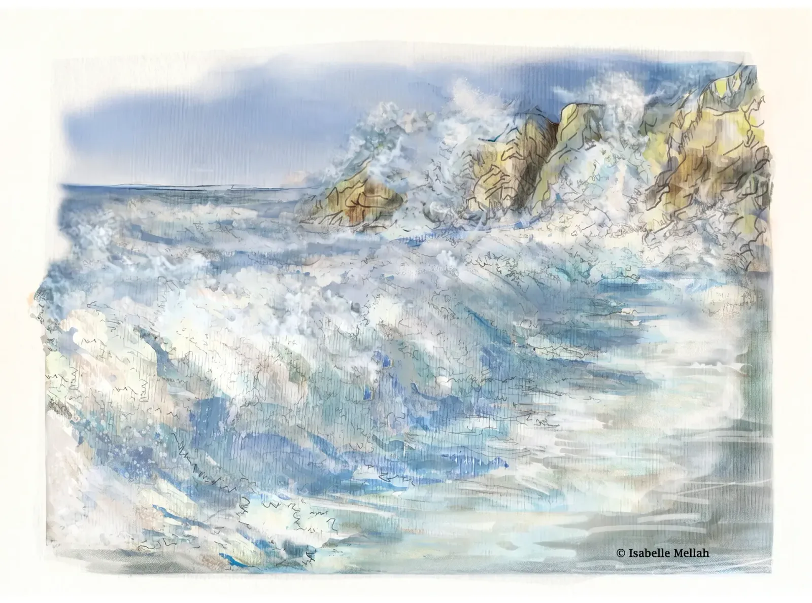 Vague d'écume se brisant au pied des rochers de la côte sauvage