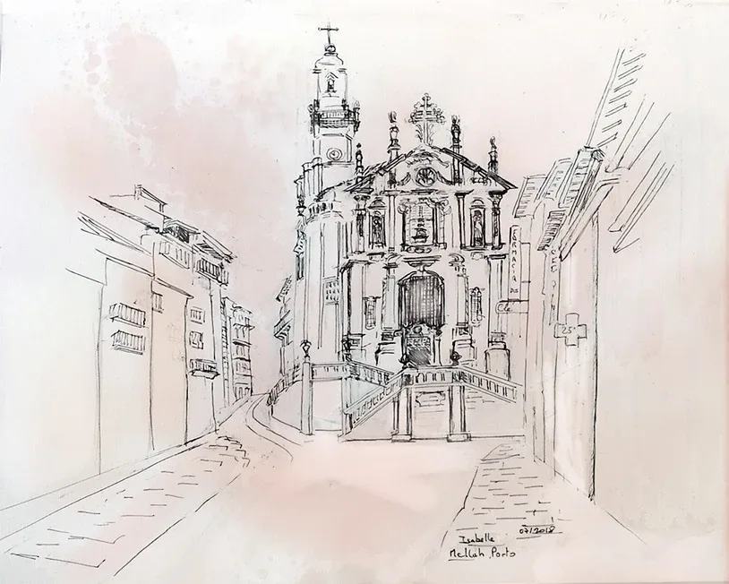 Étude d'architecture à Porto — dessin en construction d'Isabelle Besson-Mellah, trait de recherche et lavis légers.