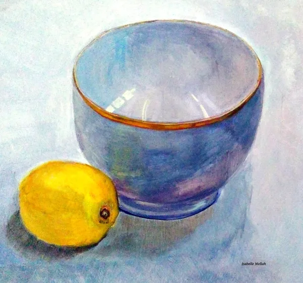 Étude d'atelier : un citron peint à l'aquarelle, exercice de matière et de lumière.