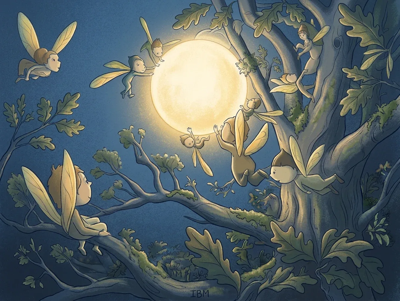 Lutins ailés jouant dans les branches d'un chêne devant une pleine lune