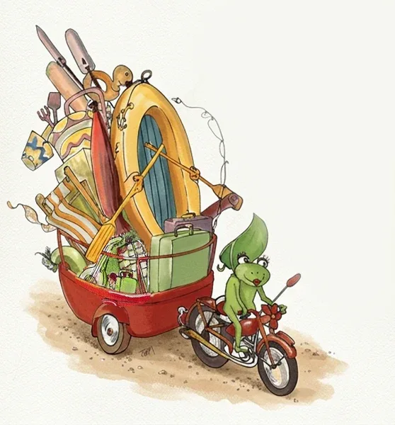 Grenouille à moto tirant une remorque chargée de bagages, canot et parasol