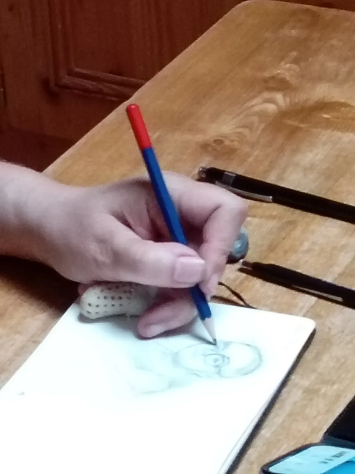 Main d'Isabelle Mellah dessinant au crayon dans un carnet.