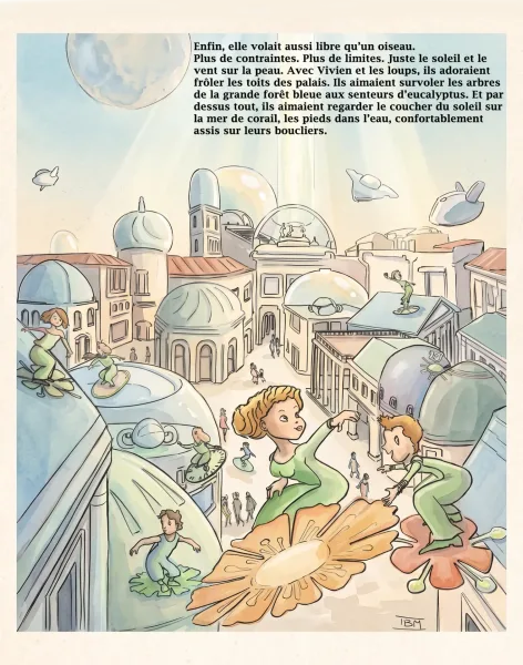 Enfants surfant sur des boucliers volants au-dessus d'une ville aux coupoles