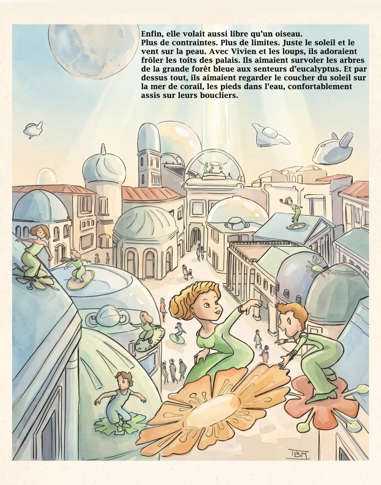 Enfants surfant sur des boucliers volants au-dessus d'une ville aux coupoles