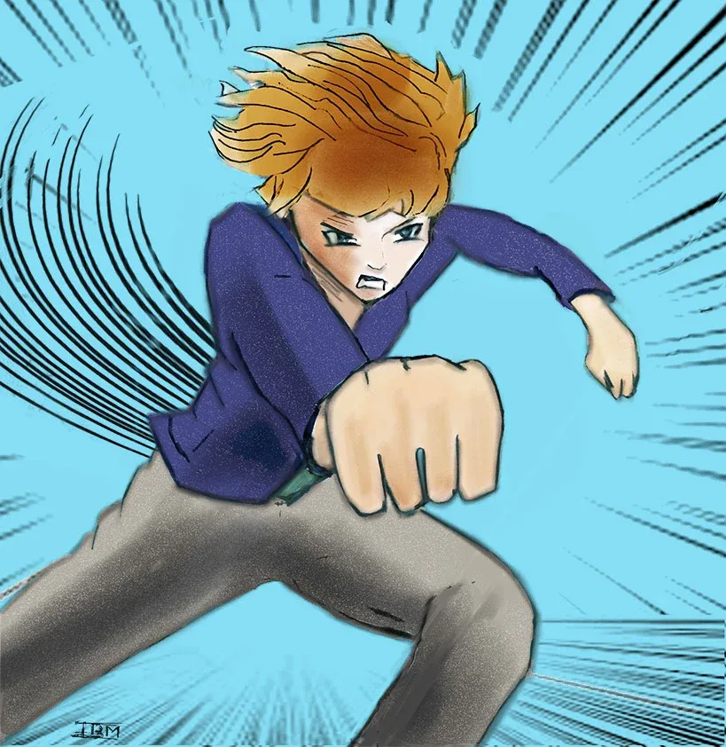 Planche d'illustration manga — personnage en plein mouvement, dessin d'Isabelle Besson-Mellah.