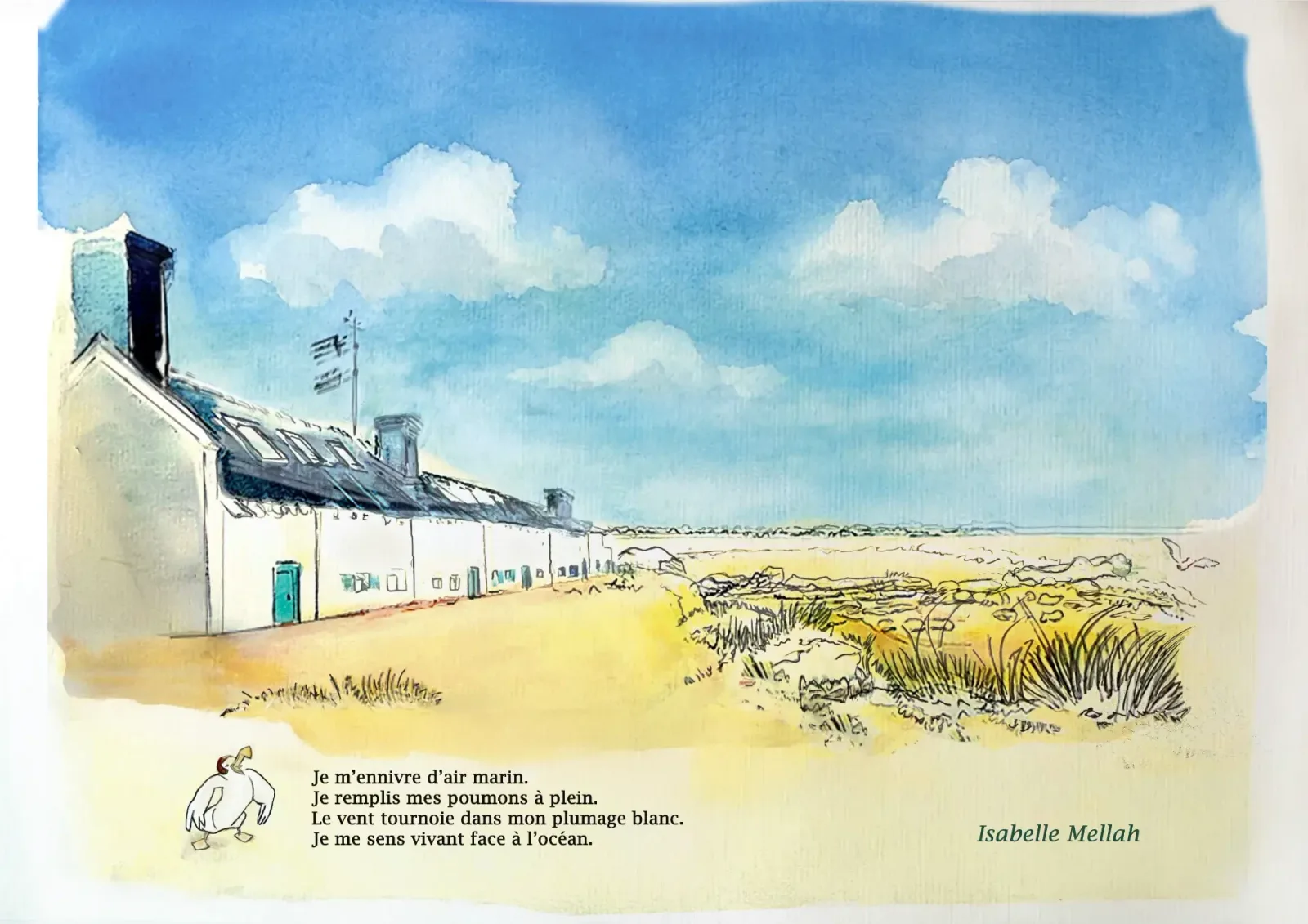 Longère blanche aux volets turquoise devant les dunes et un grand ciel nuageux
