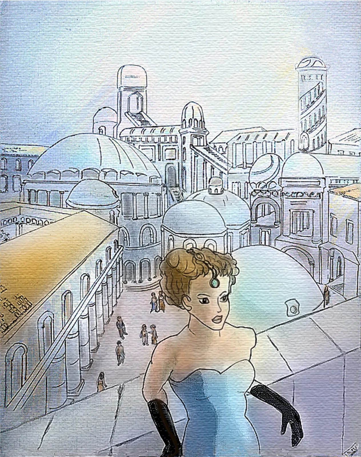Femme devant ville italienne — peinture 2026 d'Isabelle Besson-Mellah, silhouette devant une ville en couleurs.